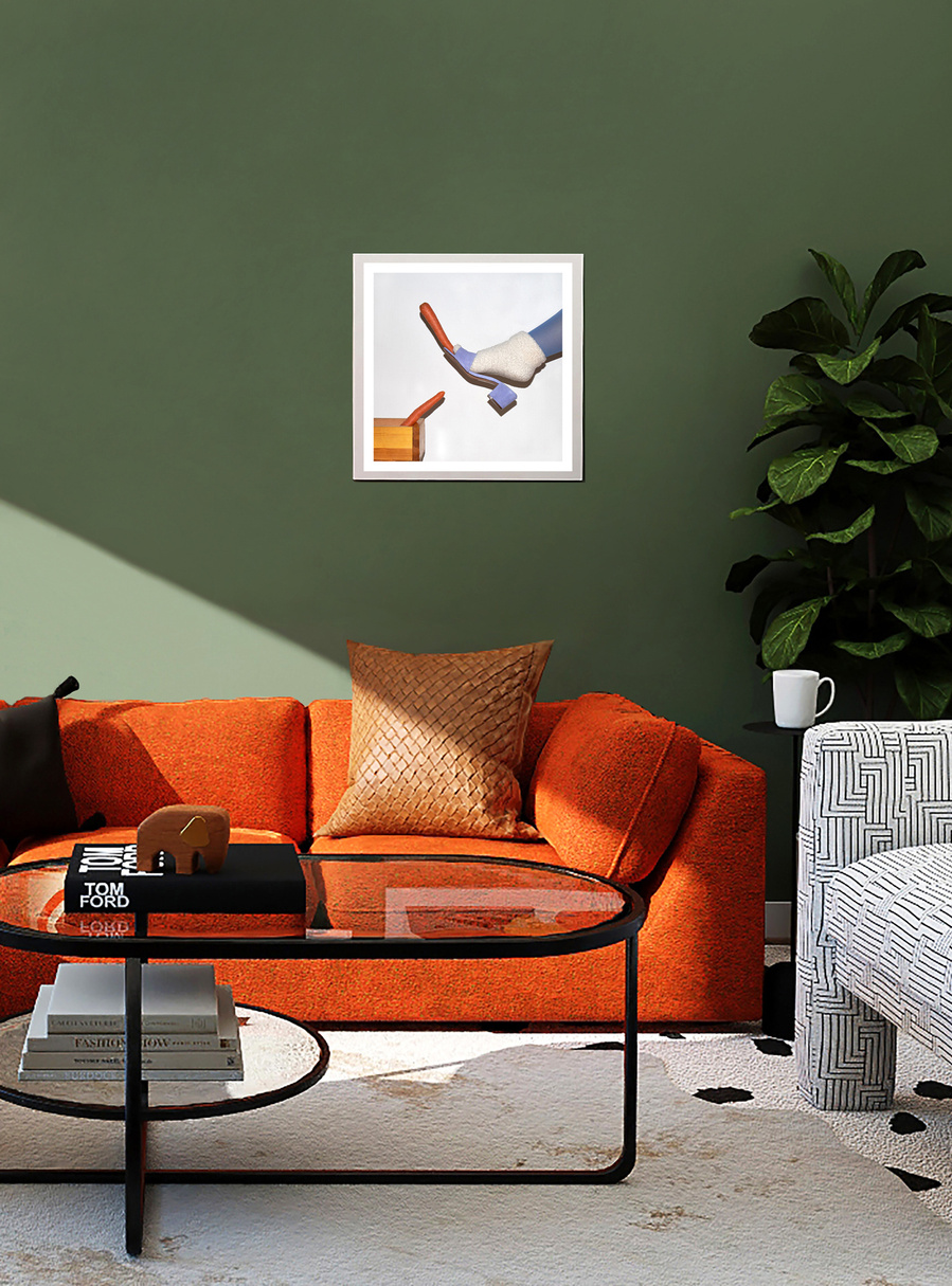 A playful artwork by N. A. Vague hanging on a green wall in a stylish furnished living room