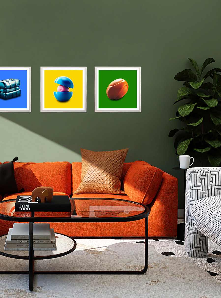Three bright colored framed artworks by N. A. Vague hanging on a green wall in a stylish furnished living room