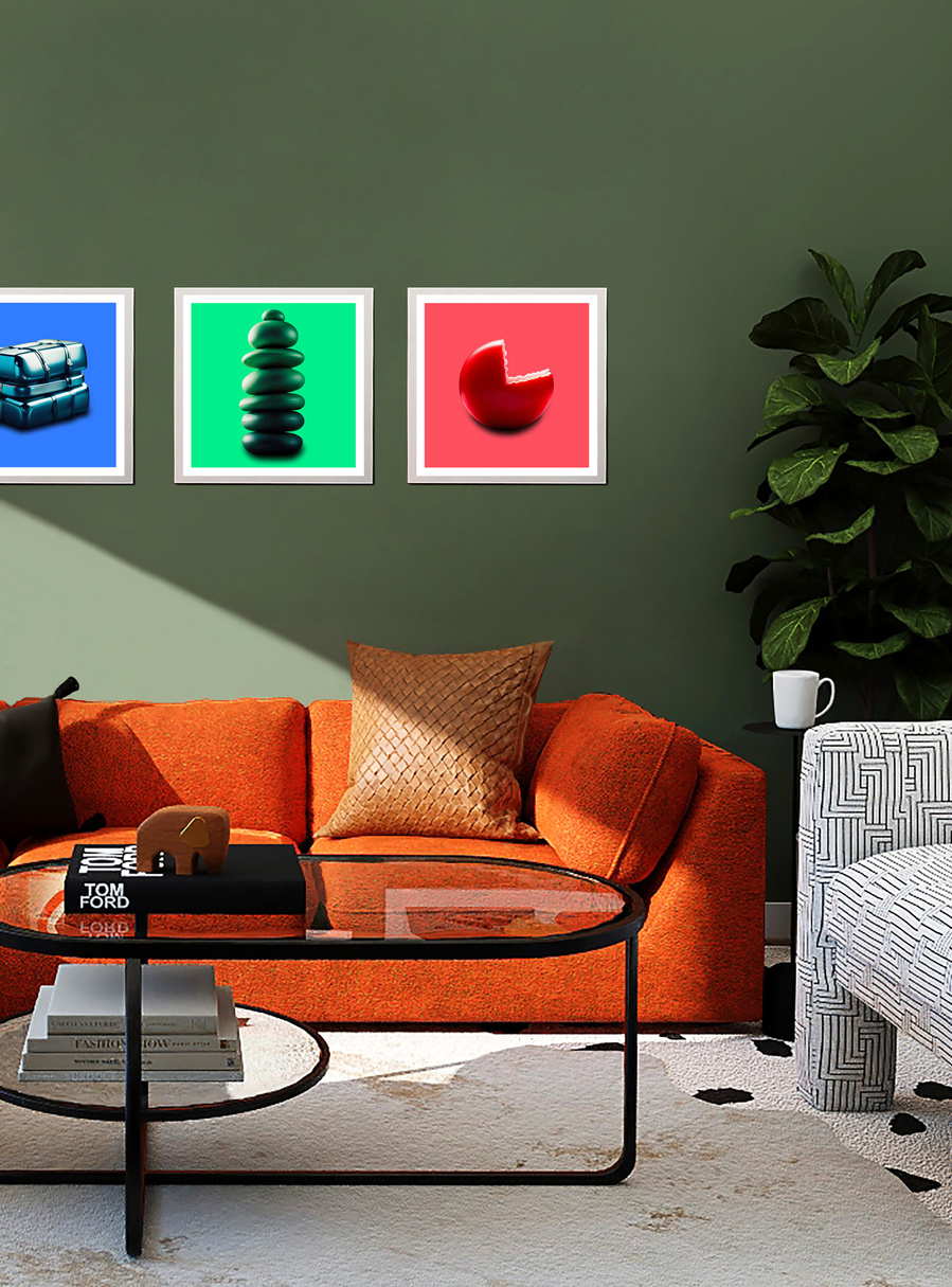Colorful framed artworks by N. A. Vague hanging on a green wall in a stylish furnished living room