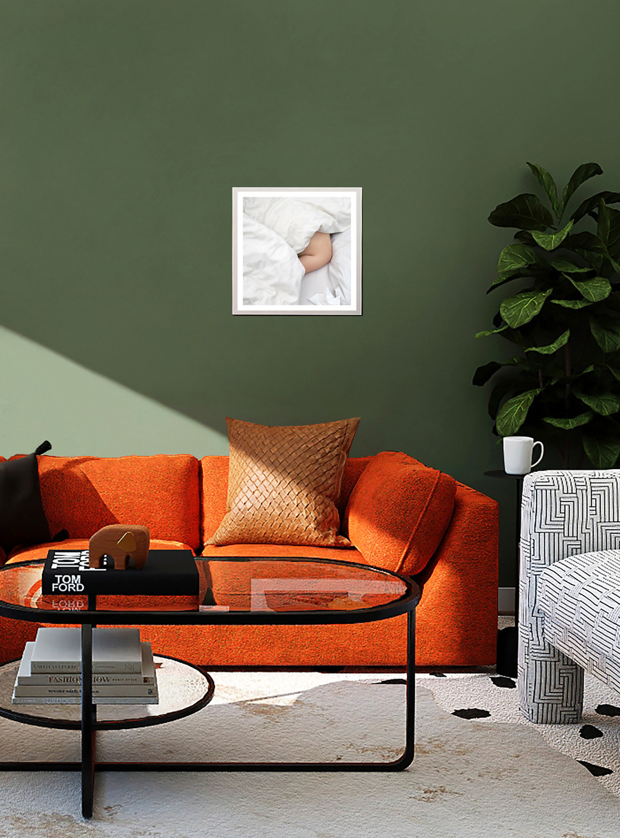 A white still life photograph by N. A. Vague hanging on a green wall in a living room furnished with designer interior