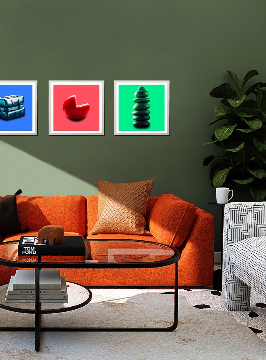 Three colorful framed artworks by N. A. Vague hanging on a green wall in a stylish furnished living room