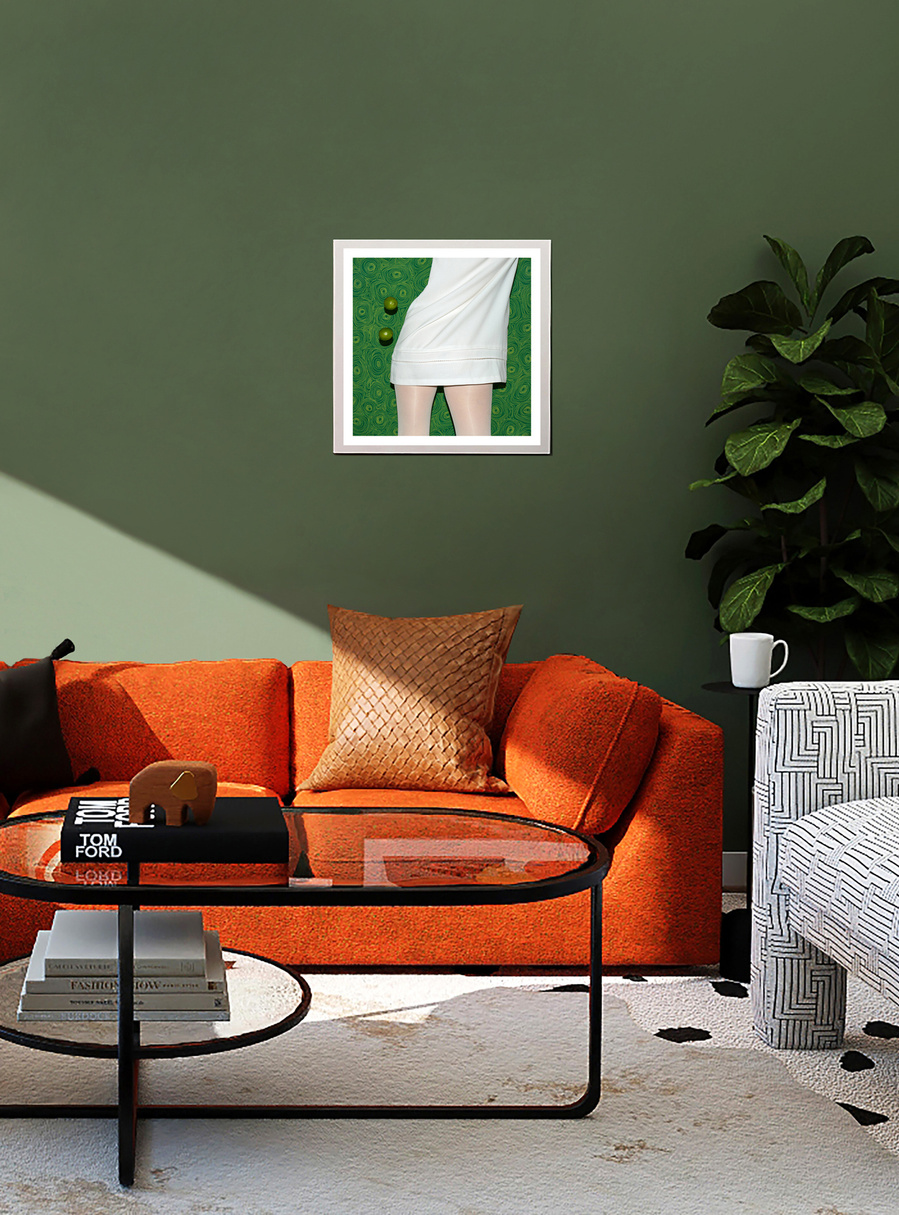 A green and white colored artwork by N. A. Vague hanging on a green wall in a stylish furnished living room
