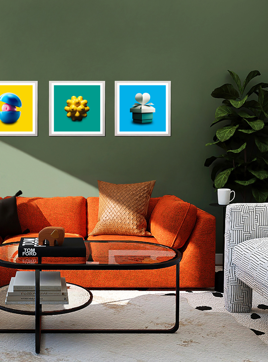 Colorful framed artworks by N. A. Vague hanging on a green wall in a stylish furnished living room