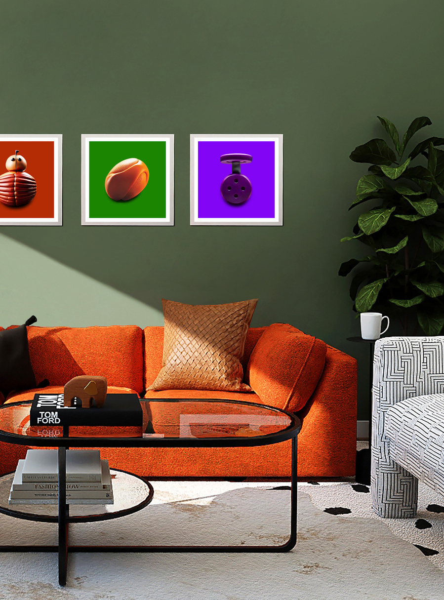 Three bright colored framed artworks by N. A. Vague hanging on a green wall in a stylish furnished living room