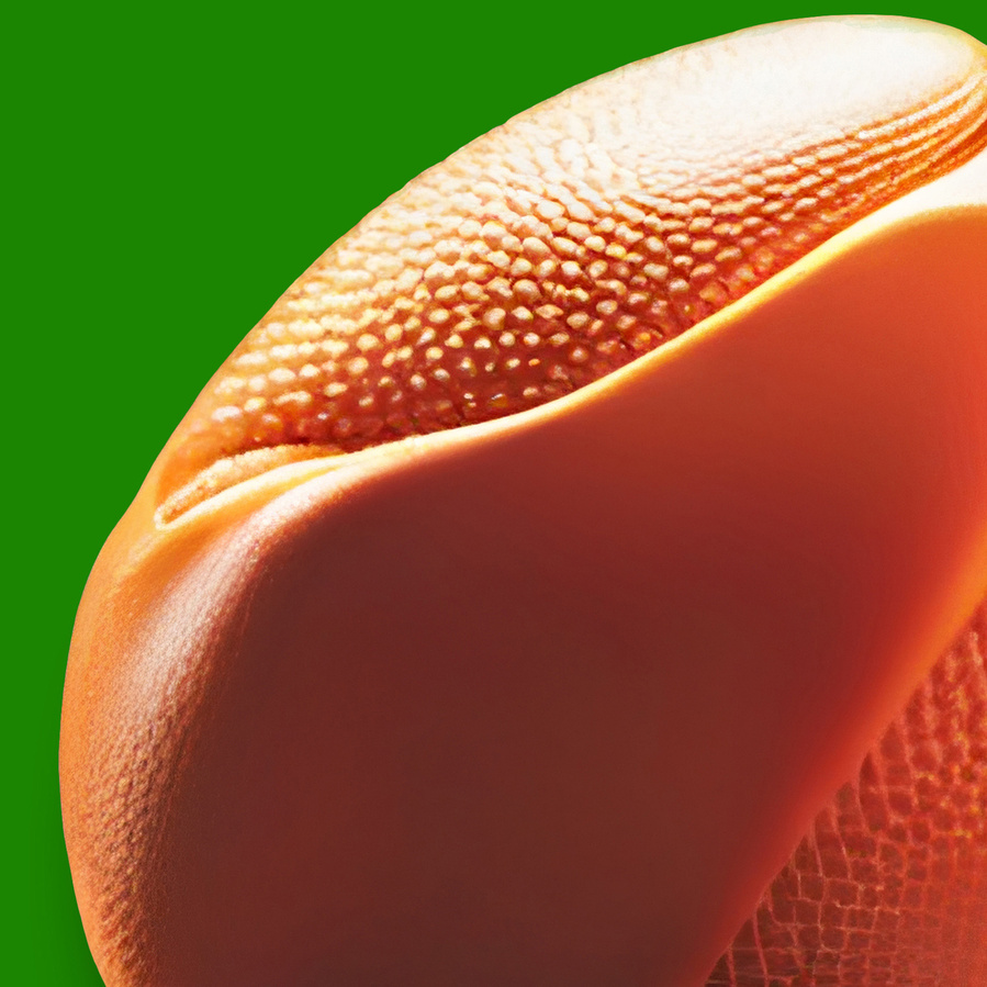 Close up of an inefinable orange object on a plain green background