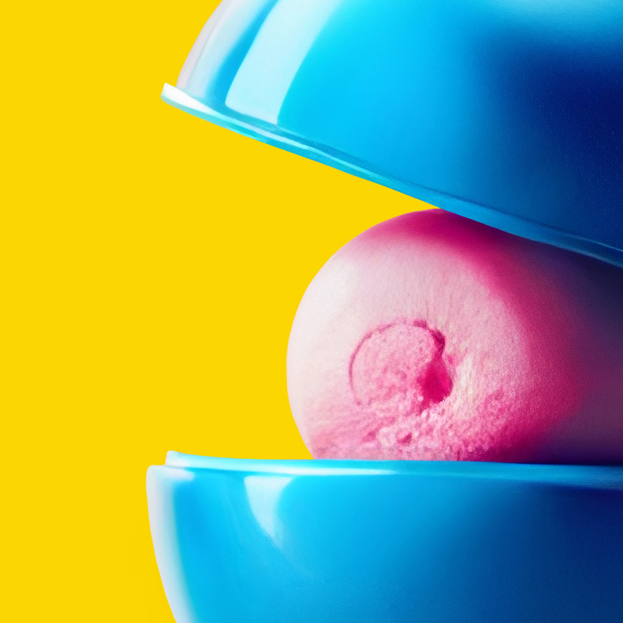 Close up of an inefinable oval shaped blue and pink object on a plain yellow background
