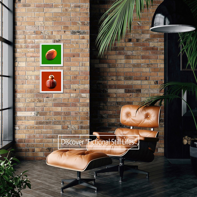 Stylish appartment sight with a brown Eames lounge chair and plants in front of artworks by N. A. Vague hanging on brick walls in the back
