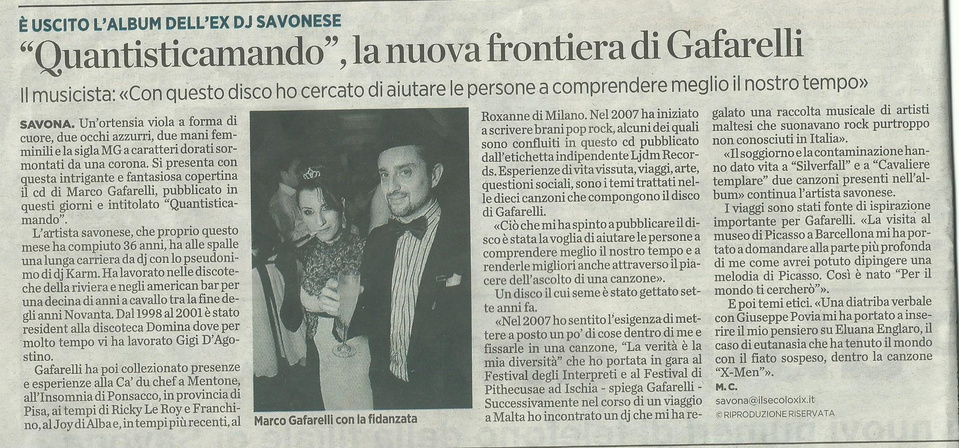 Marco Gafarelli Il Secolo XIX Savona province Italy. Presentation of his music album Quantisticamando