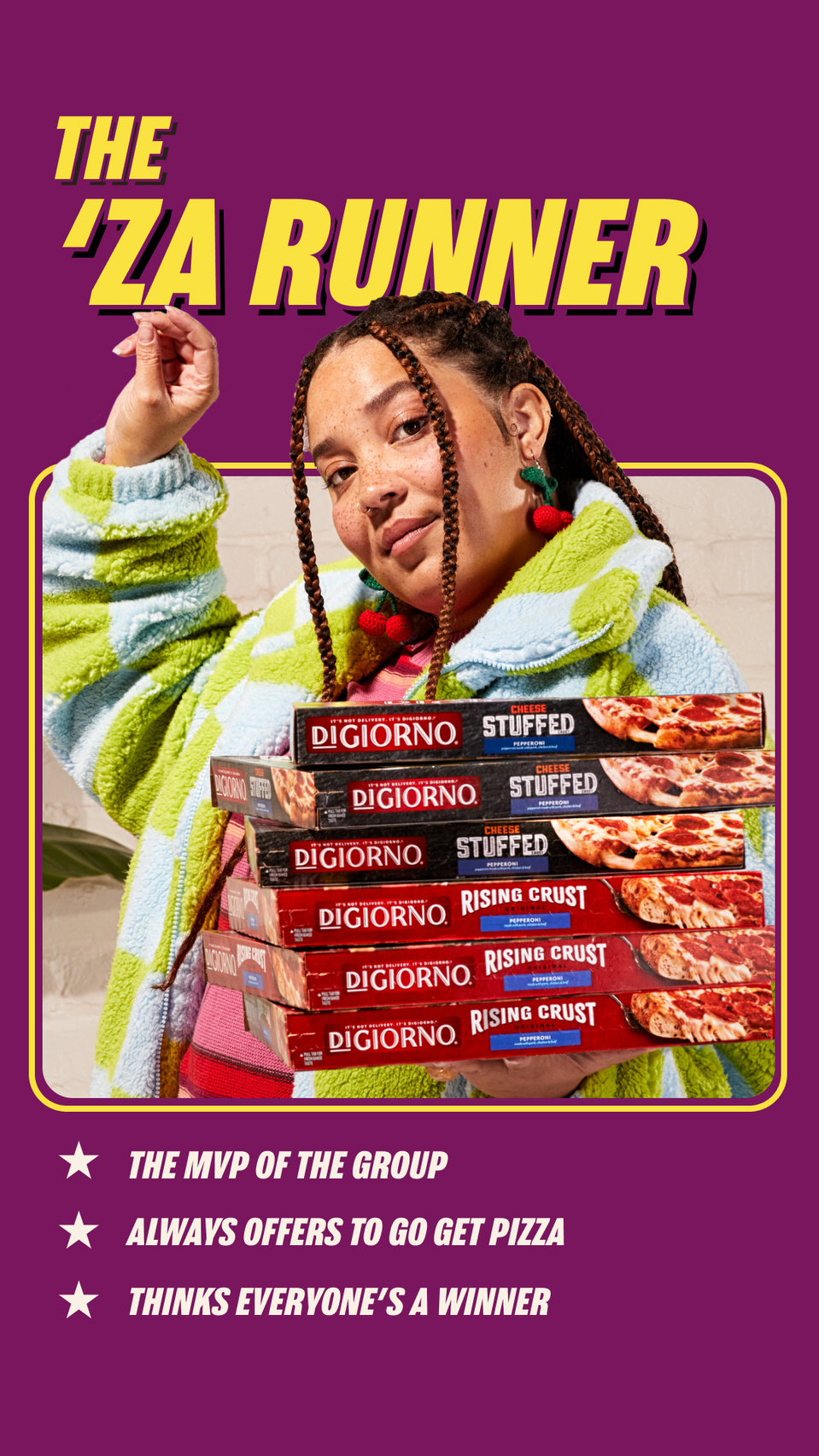 Ad campaign of girl holding a stack of pizzas shot in studio by SF commercial photographer Cera Hensley 