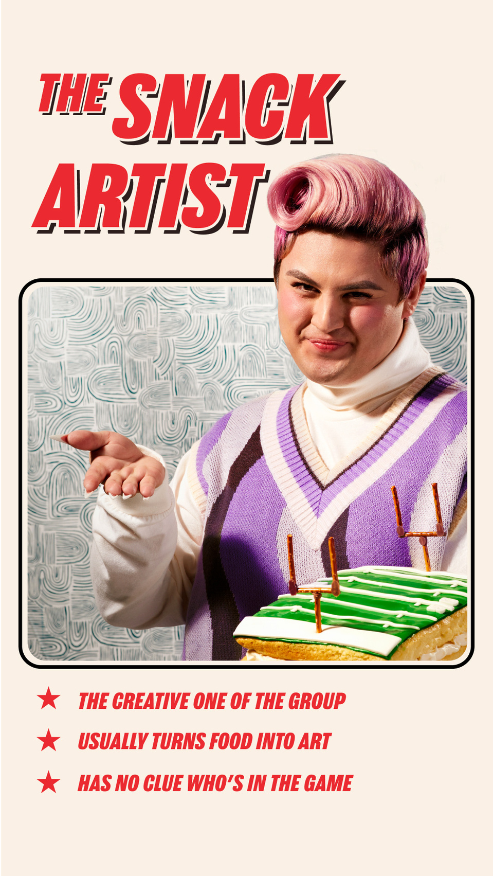Playful archetype of snack artist holding a superbowl football court cake. Shot in studio by advertising photographer Los Angeles.
