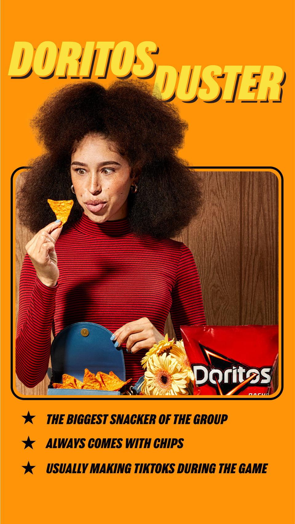 Doritos food product with girl eating them in playful way. Shot in studio by SF creative photographer Cera Hensley.