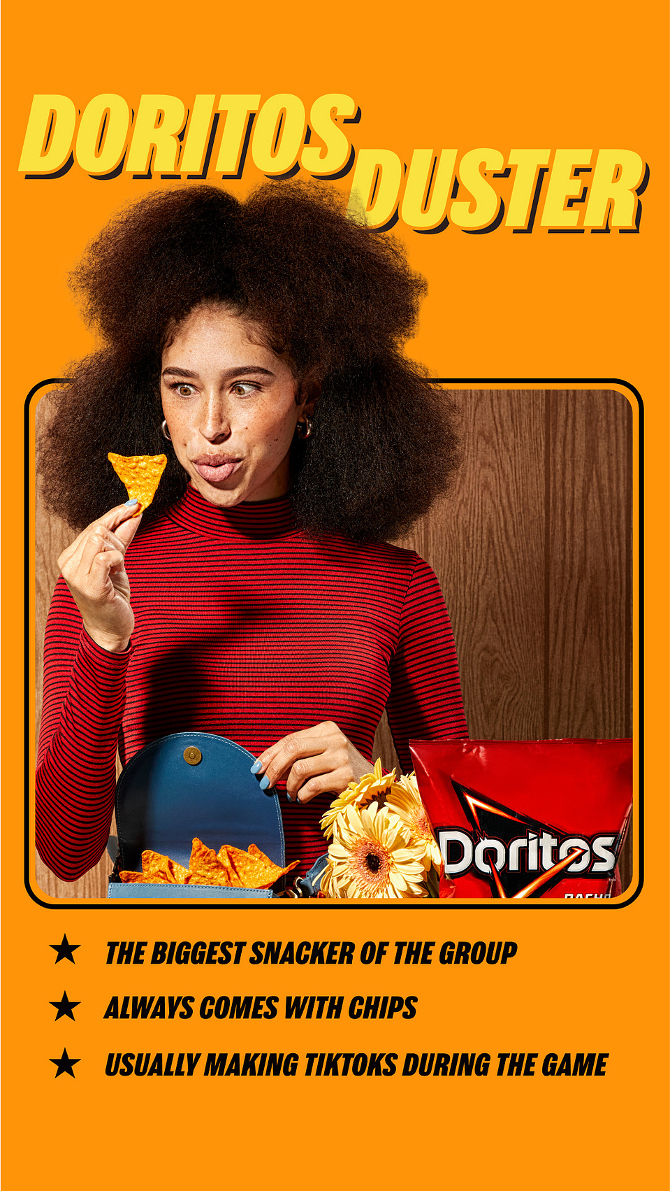 Doritos food product with girl eating them in playful way. Shot in studio by SF creative photographer Cera Hensley.
