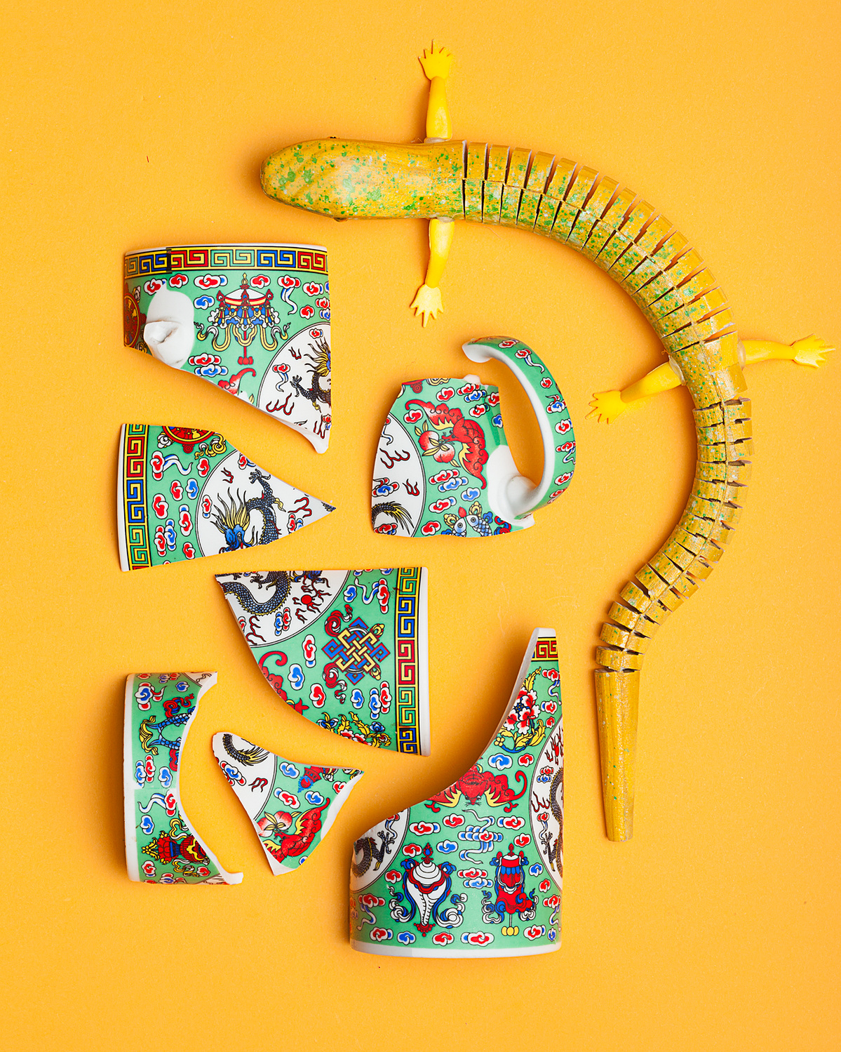 broken cup, lizard, yellow, color play, fun, studio photography san francisco