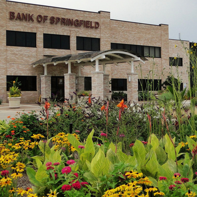 Vibrant layers of Canna, Rudbeckia, Zinnia, and Salvia create a dynamic, high-impact planting for a sophisticated commercial landscape.