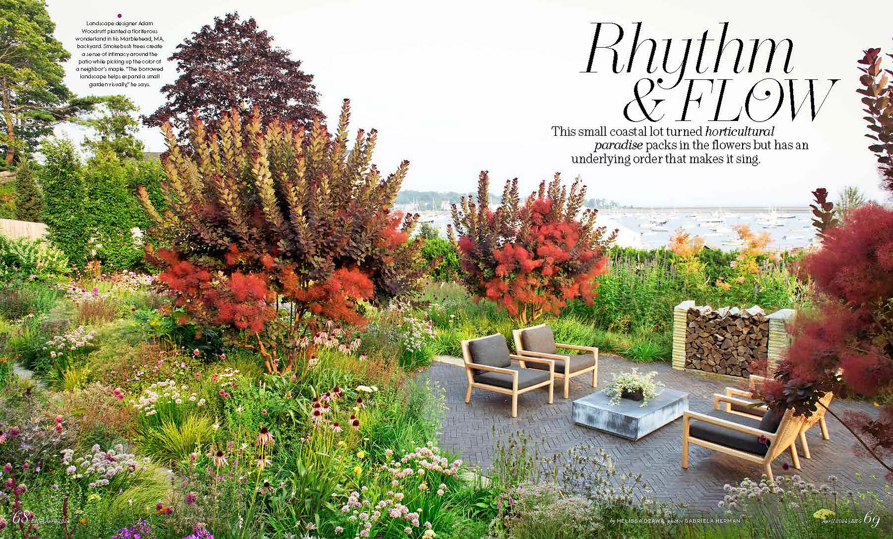 A coastal garden by Adam Woodruff with naturalistic plantings, smokebush trees, and a modern patio overlooking the water.