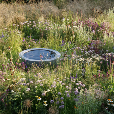 A reflective water bowl anchors a tapestry of late-season textures, with seed heads and soft florals catching the evening light.