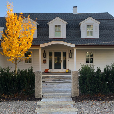 Golden ginkgo tree frames a modern entry with reclaimed granite steps and yew hedging, balancing structure with seasonal brilliance.