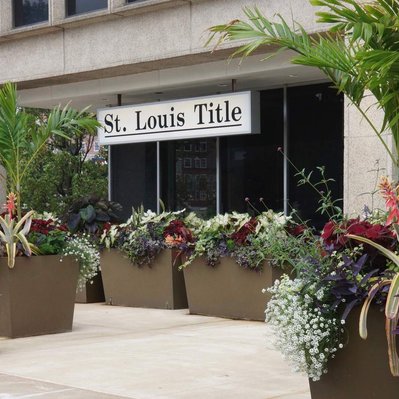 Lush container plantings with palms, bromeliads, alyssum, and coleus frame the entrance of a modern commercial building.