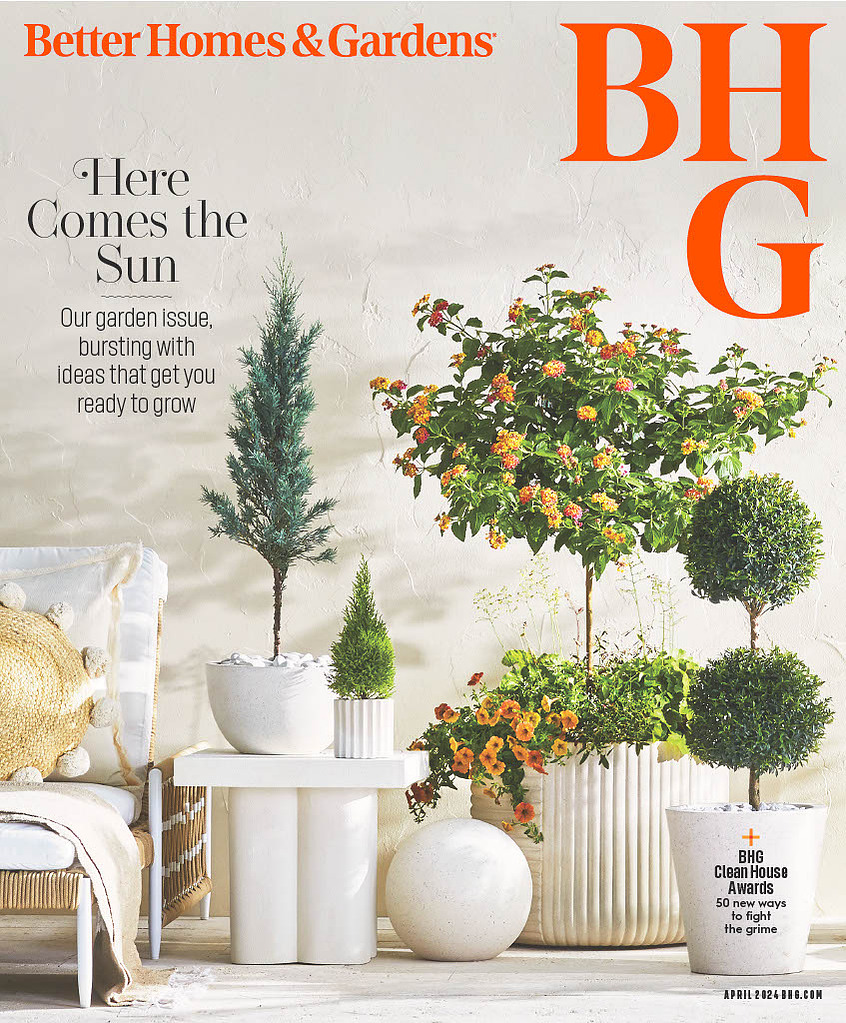 Better Homes & Gardens magazine cover featuring potted plants, a cozy outdoor seating area, and the headline ‘Here Comes the Sun.
