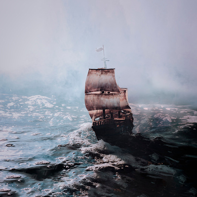 Photographic art of a ship in water with mysterious atmosphere.