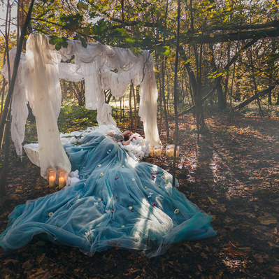 A bed in the woods with a princess character laying on it.