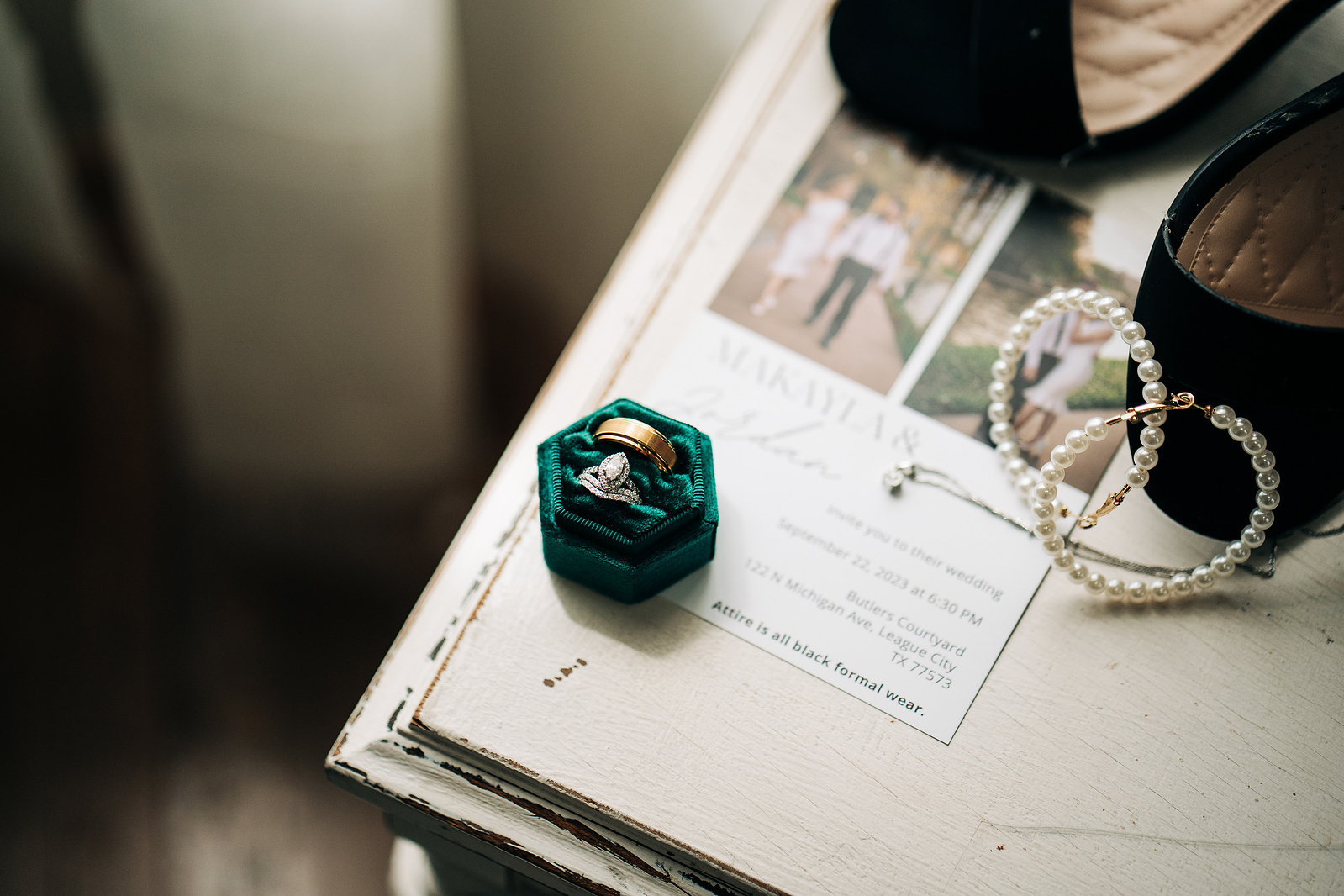 Details of the bride and wedding rings, in Houston, TX