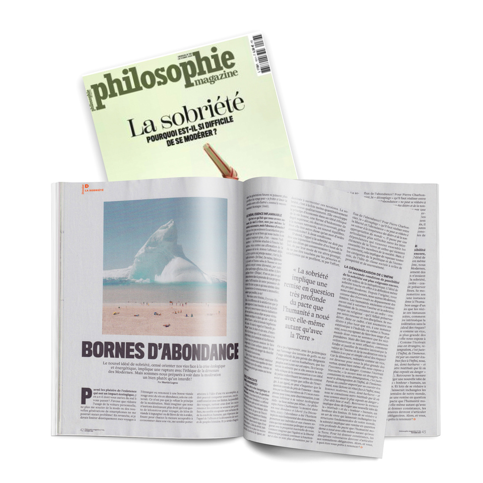 philosophie, ecologie, sobriété, bornes d'abondance, iceberg, collage, magazine, illustration