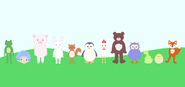 illustration of all twelve needle felt friends standing on grass with rolling hills in the background