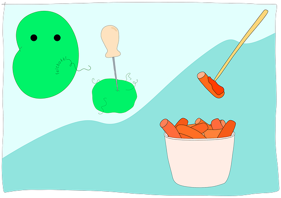 illustration of a needle felt lima bean and a small cup of tteokbokki