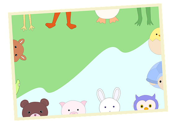 illustration of felt friends poking their heads or feet into the frame with a wavy blue and green background