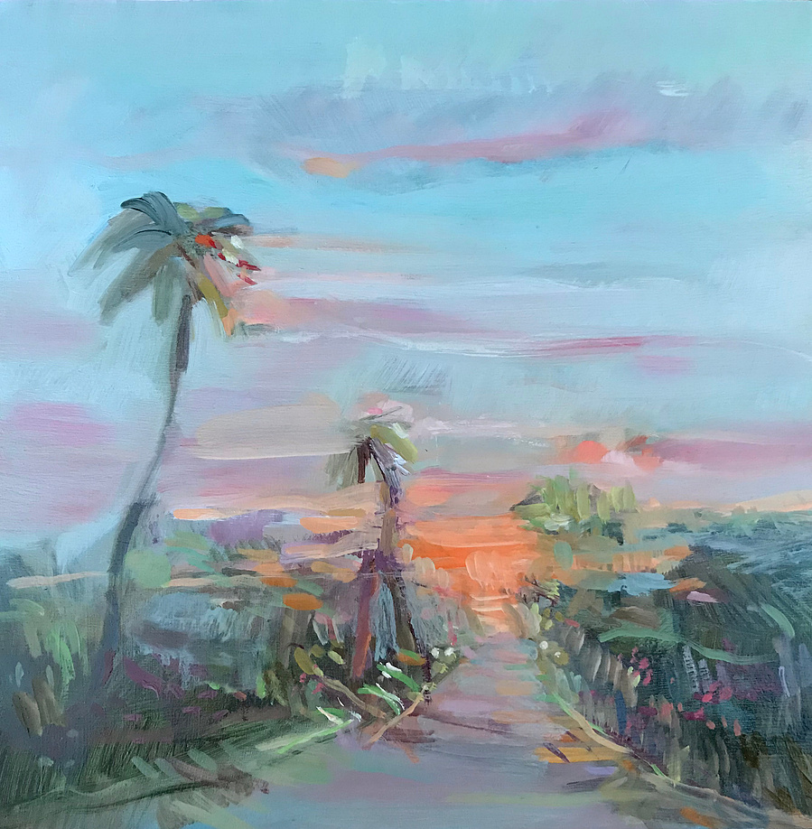 Florida palm trees swaying in the wind in as the sun sets on a cool blue background, oil paint with quick deliberate brushstrokes