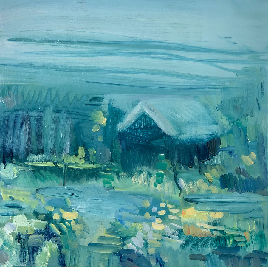 Light blue monochromatic abstract landscape, depicting a cabin by the water on a cloudy day next to a pond. Movement and abstraction in the water, with hints of yellow flora scattered throughout the piece