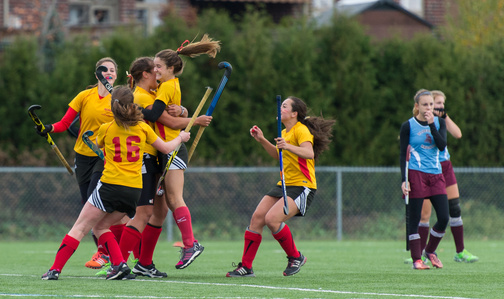 WATERLOO, Ont. (05/11/2016) - Resurrection Phoenix and Bluevale Knights battled for Gold during the girl’s field hockey OFSAA Championships at RIM Park in Waterloo, ON Saturday afternoon.  Both teams played a tough game going into overtime, tied 1-1.  In 
