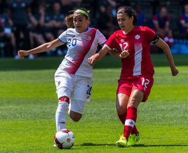 Toronto, Ontario (June 11, 2017) - Costa Rica's Defender Wendy Acosta (20) and Canada's Forward Christine Sinclair (12) chase after the ball during their friendly match for Canada's 150th birthday. Canada beat Costa Rica 6-0.

Photo by Alicia Wynter