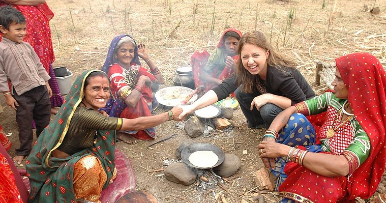 Documentary producer Sabrina Buckwalter reporting in rural Maharashtra, India.