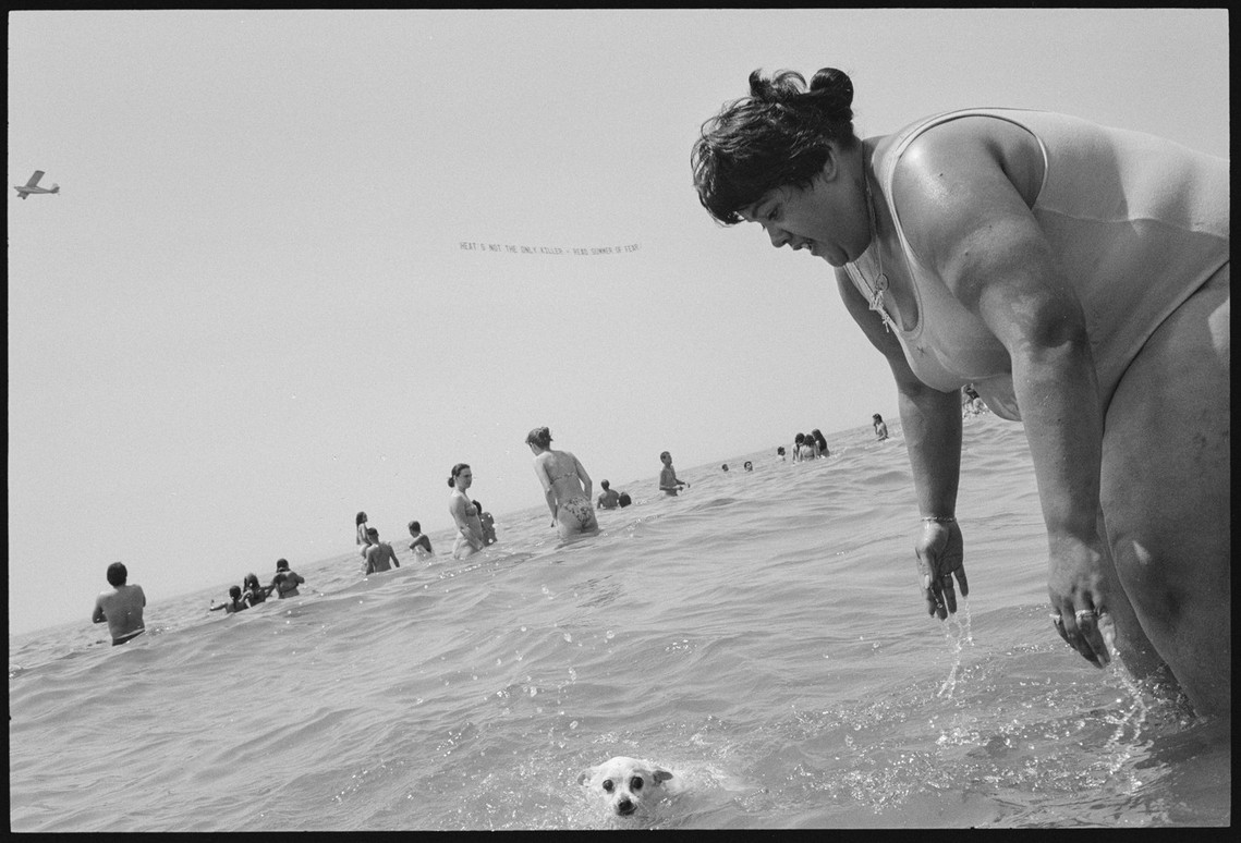 Nicholas Blair Photography copyright 1989, playing in surf, dog, air pane with banner, black and white