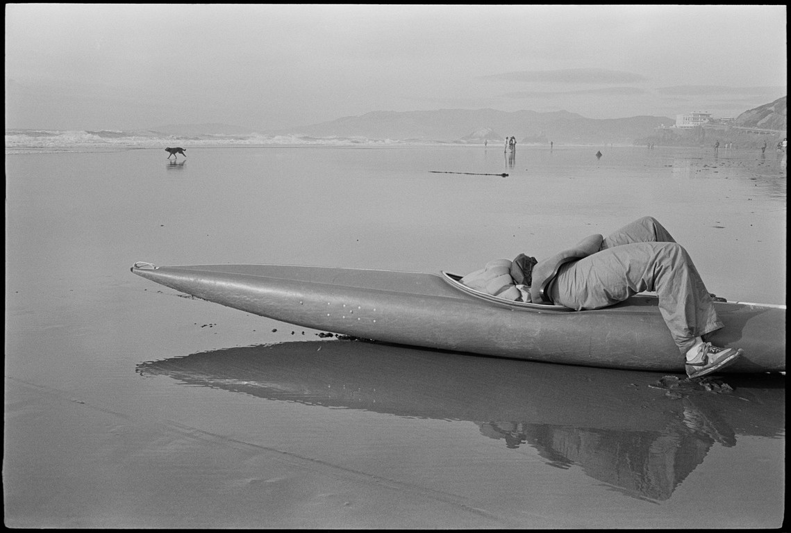 Nicholas Blair photography copyright 1980, black and white, Beach, Kayak, Humor
