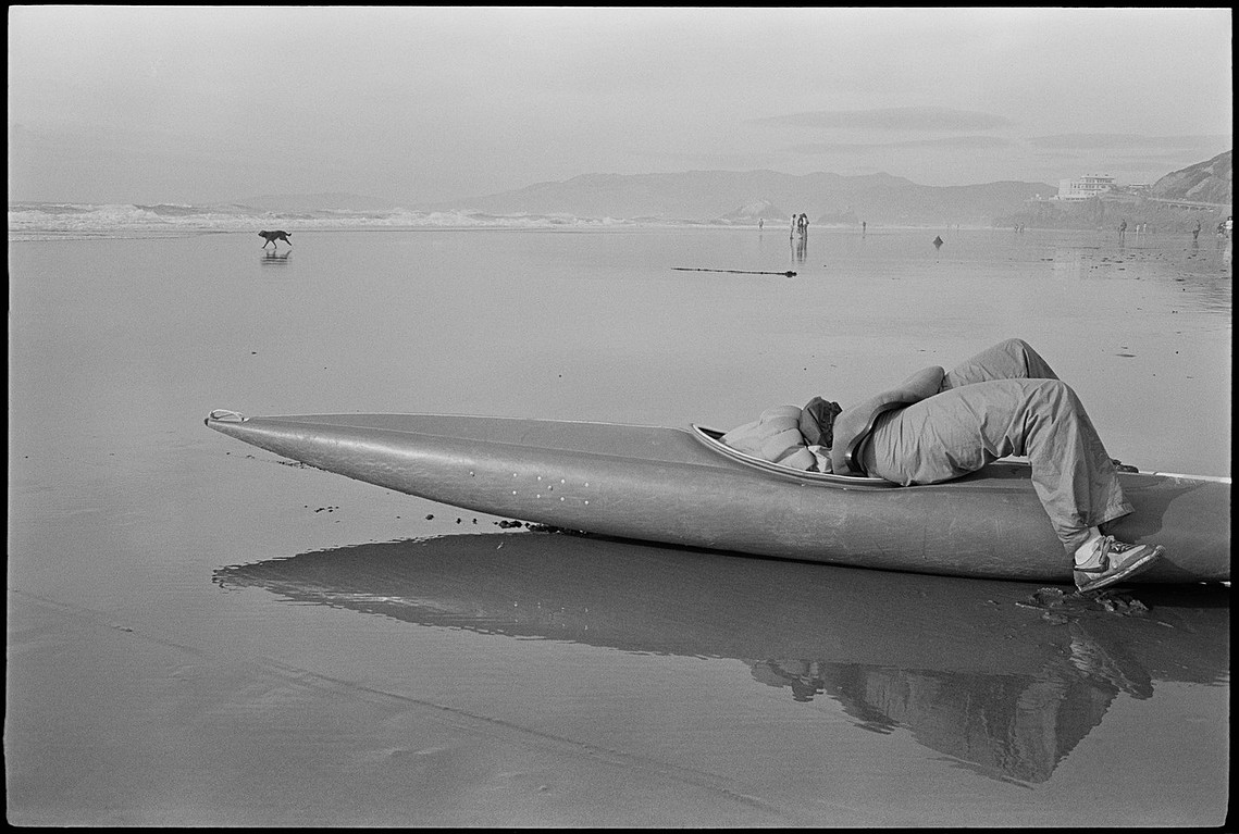 Nicholas Blair photography copyright 1980, black and white, Beach, Kayak, Humor
