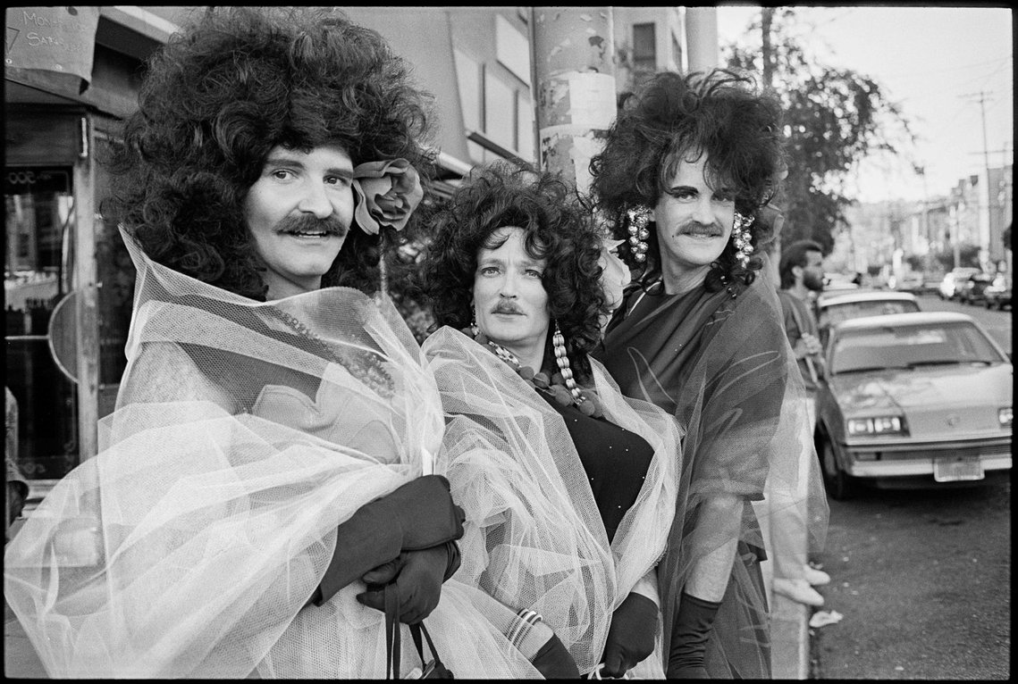Nicholas Blair photography copyright 1984, black and white, gay couple, LGBTQ, Halloween, Men in drag