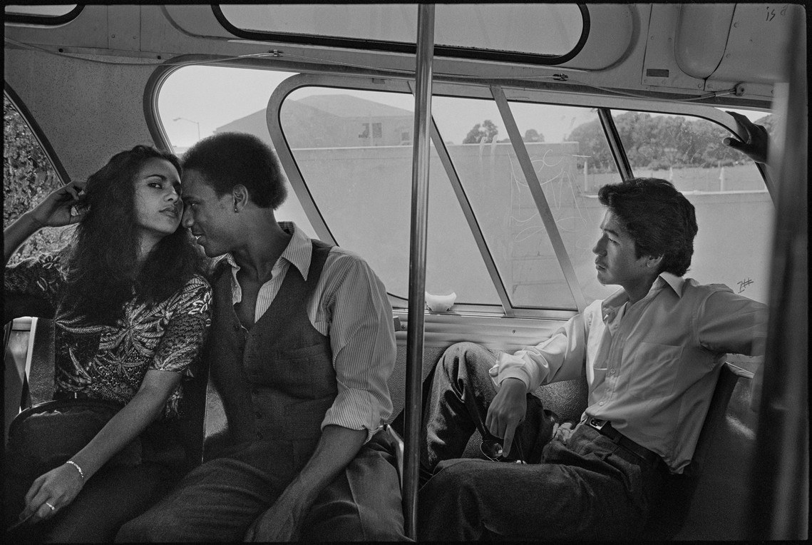 Nicholas Blair Photography copyright 1980, couple on bus, black and white