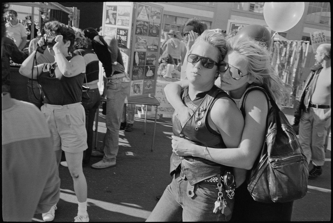 Nicholas Blair photography copyright 1984, black and white, lesbian couple, LGBTQ, women in leather