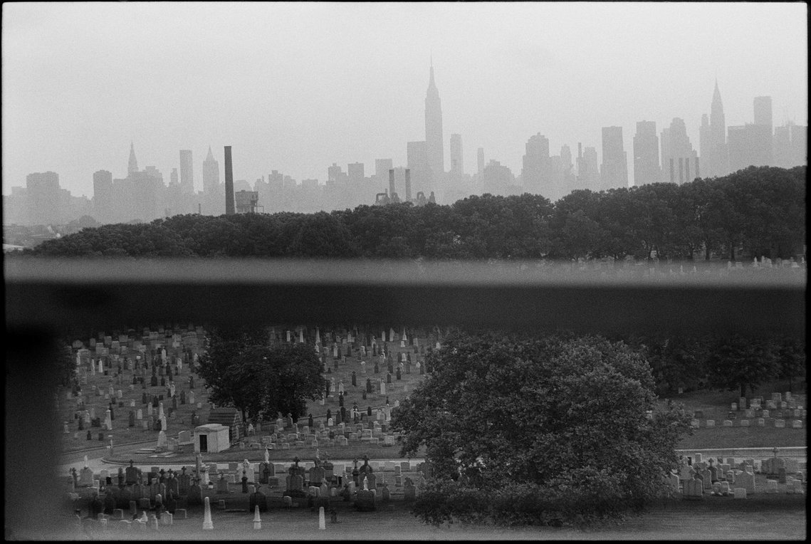 Nicholas Blair Photography copyright 1978, New York Sky Line, Cemetery , black and white