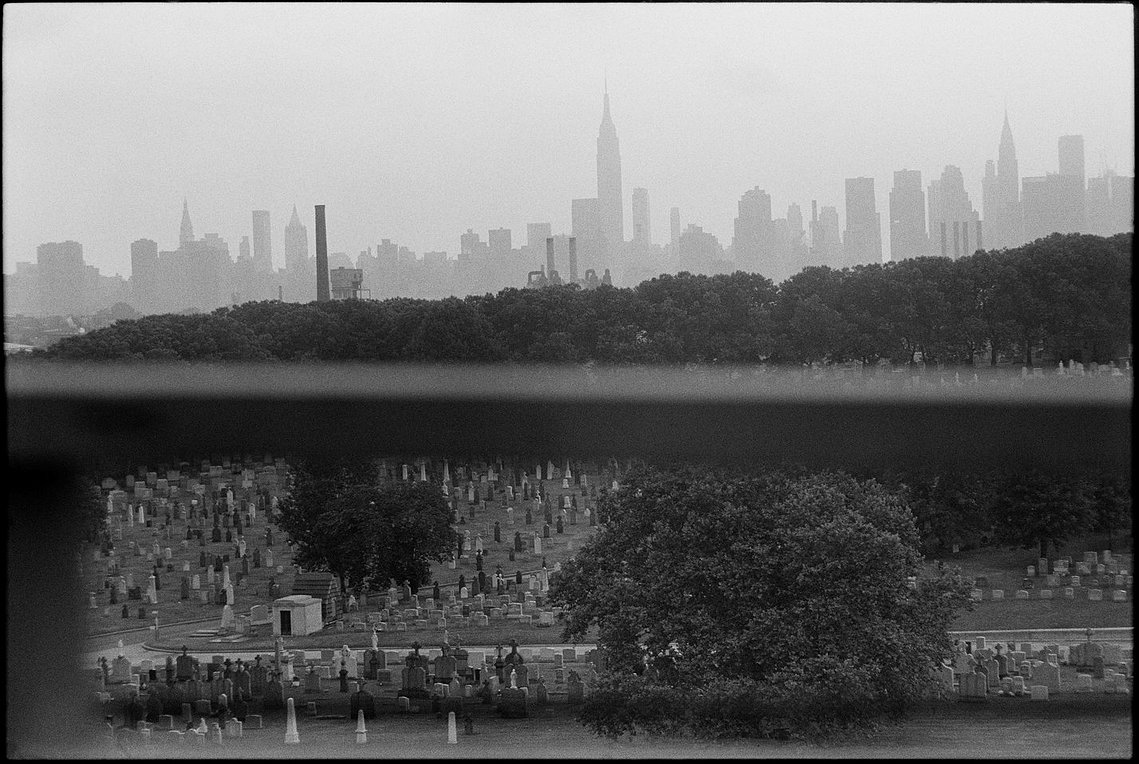 Nicholas Blair Photography copyright 1978, New York Sky Line, Cemetery , black and white