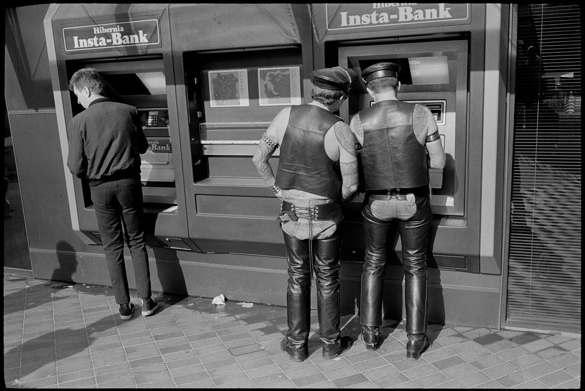 Nicholas Blair photography copyright 1983, black and white, gay couple, LGBTQ, men in leather