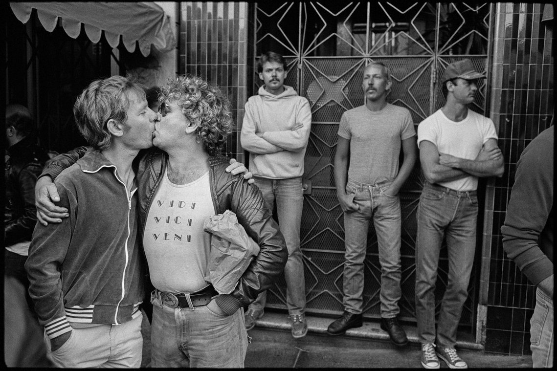 Nicholas Blair photography copyright 1982, black and white, gay couple, LGBTQ, men kissing, men cruising