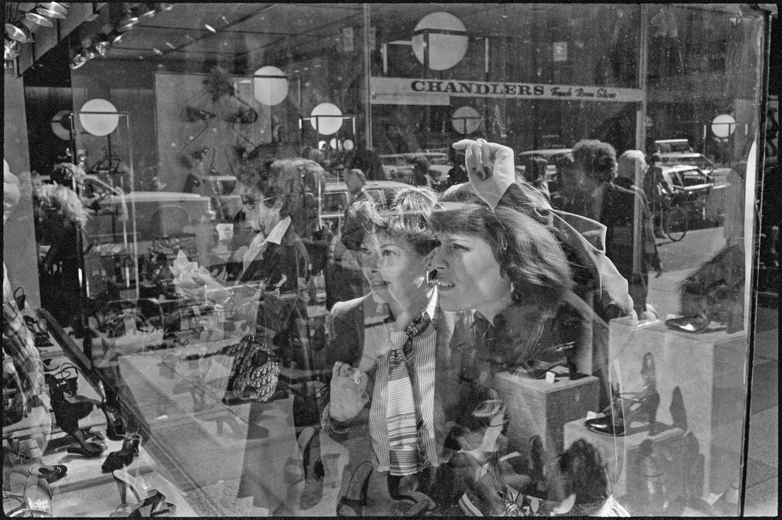Nicholas Blair photography copyright 1977, black and white, San Francisco,  women shopping, reflections, urban life