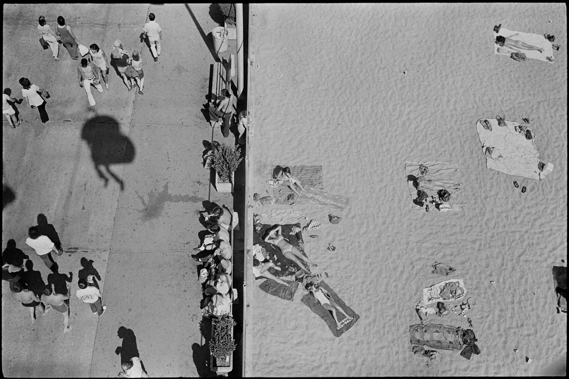 Nicholas Blair photography copyright 1977, black and white, Santa Cruz Boardwalk, overhead view, urban life