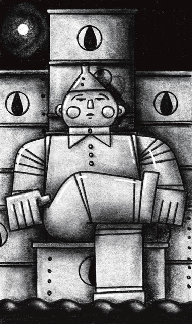 Gwendoline Le Cunff
Editorial illustration 
Tin man sitting on a throne of oil barrels