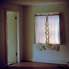 cinematic production design with dreamy green ambiance and lighting, vintage style image shot on 35mm film in an abandoned retirement facility with an open door and curtained window, the lighting is green, blue and purple due to the low lighting at sunset