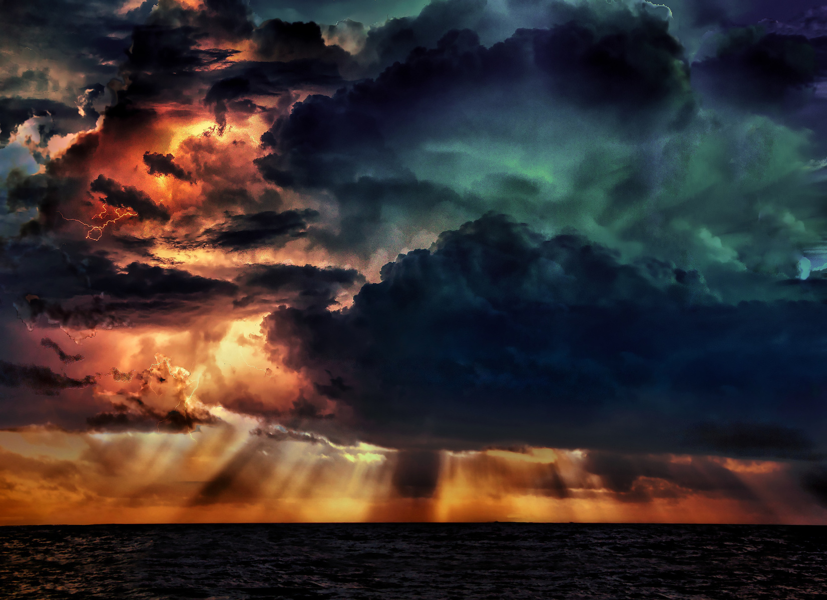 A tempestuous sky collides with a quiet sea inThe Light Within the Storm a visual symphony of chaos and calm. Golden light pierces the brooding clouds, casting radiant beams across the ocean like divine messengers. Vivid bolts of lightning and surreal hue